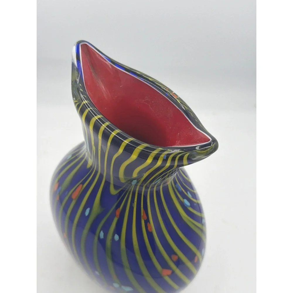 Vintage Hand Blown Art Glass Vase Blue with Yellow Stripes & Pink Rim 10